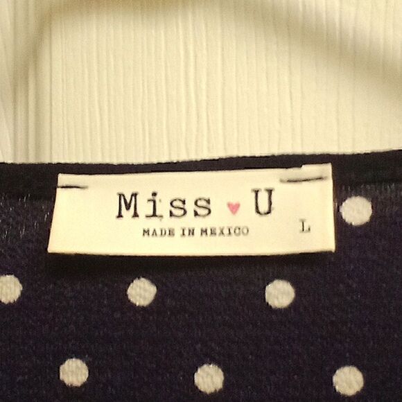 ⭐️5/$25 SALE Women's Miss U Navy Blue and White Polka Dot Layered Dress Size L - Picture 6 of 8